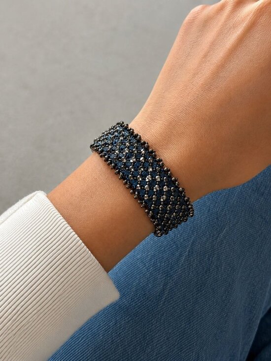 unbranded Jewelry - Wide Gunmetal Crystal Stretch Cuff Bracelet Black Chrome Rhinestone Mesh 7"